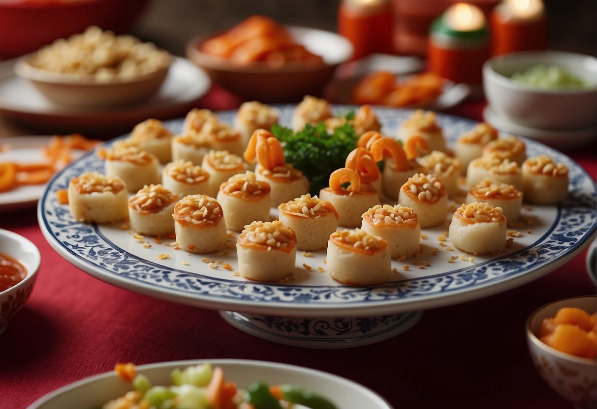 A table spread with vibrant Chinese New Year finger foods, featuring festive twists on traditional main dishes
