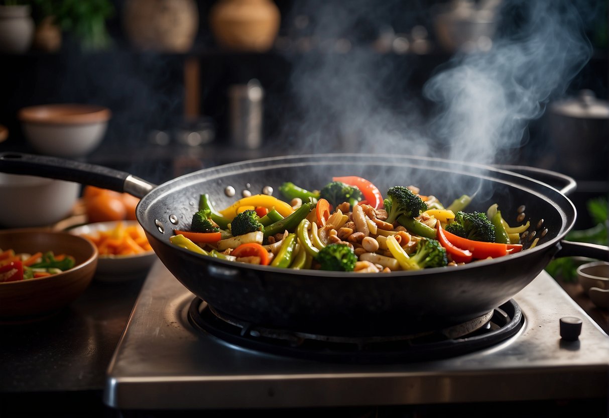 A wok sizzles with stir-fried vegetables and savory sawi sawi sauce, emitting fragrant aromas in a traditional Chinese kitchen