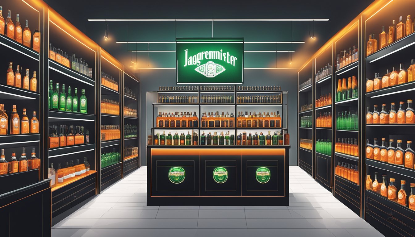 A vibrant liquor store in Singapore showcases Jagermeister bottles on sleek shelves, with bright lighting and modern signage