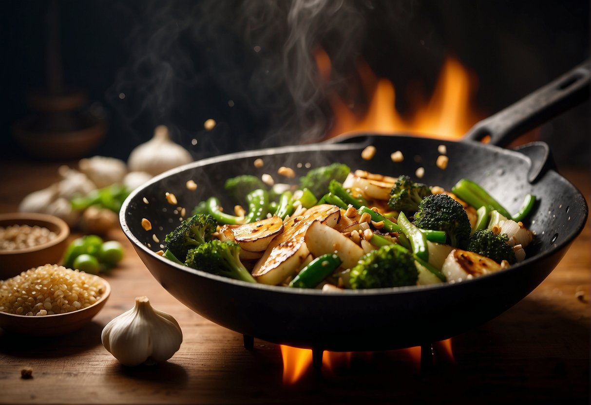 A wok sizzles with garlic and oil, as fresh sawi is tossed in, creating a vibrant green stir-fry. The aroma of soy sauce and sesame fills the air