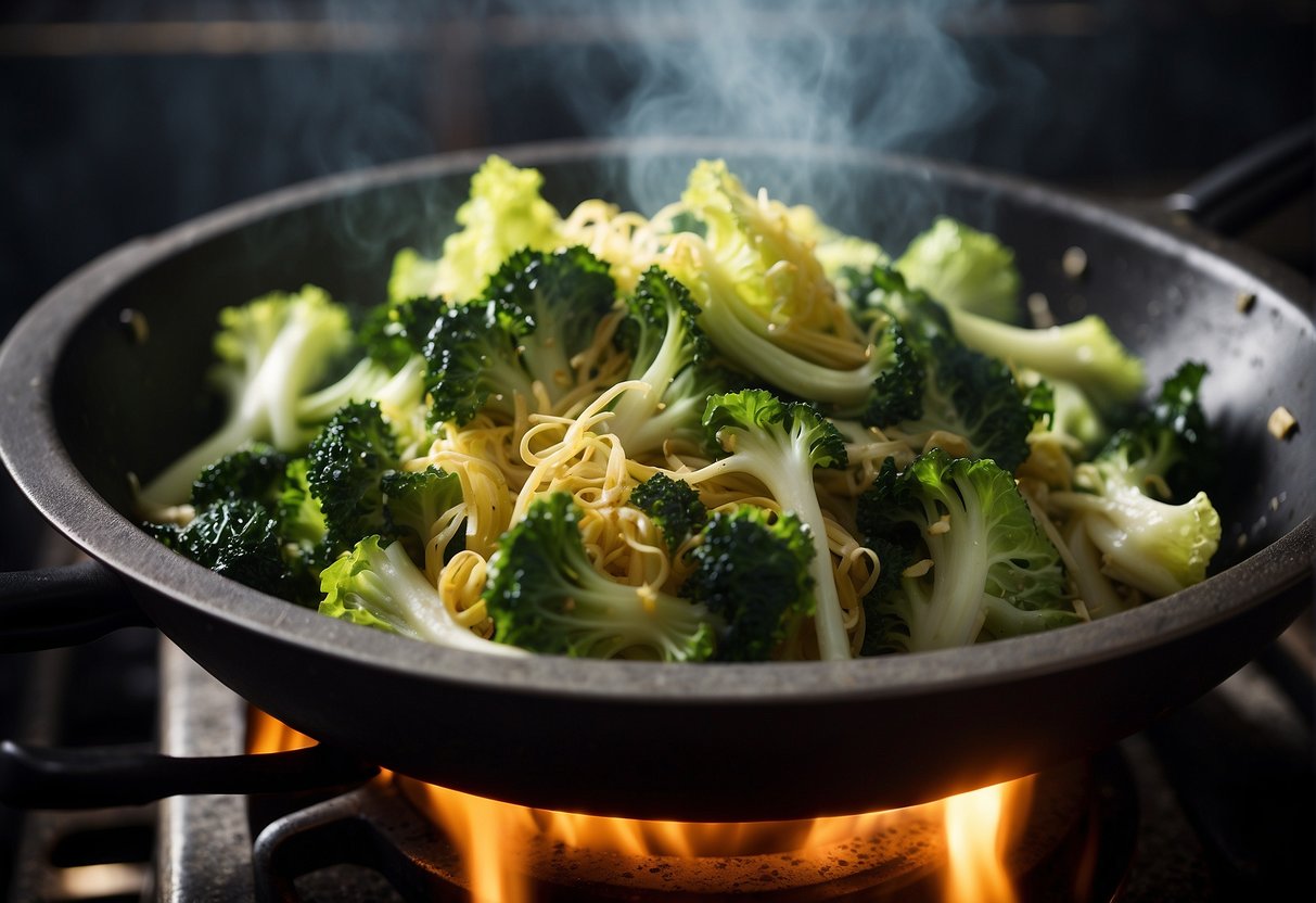 A wok sizzles as savoy cabbage is stir-fried with garlic, ginger, and soy sauce. Steam rises, carrying the aroma of the Chinese recipe