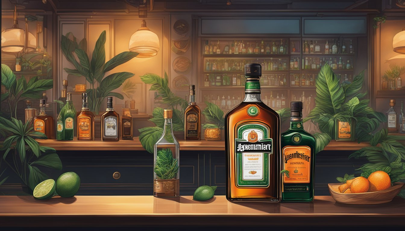 A bottle of Jagermeister sits on a sleek bar counter, surrounded by exotic botanicals and dimly lit ambiance. A sign in the background reads "Where to buy Jagermeister in Singapore."