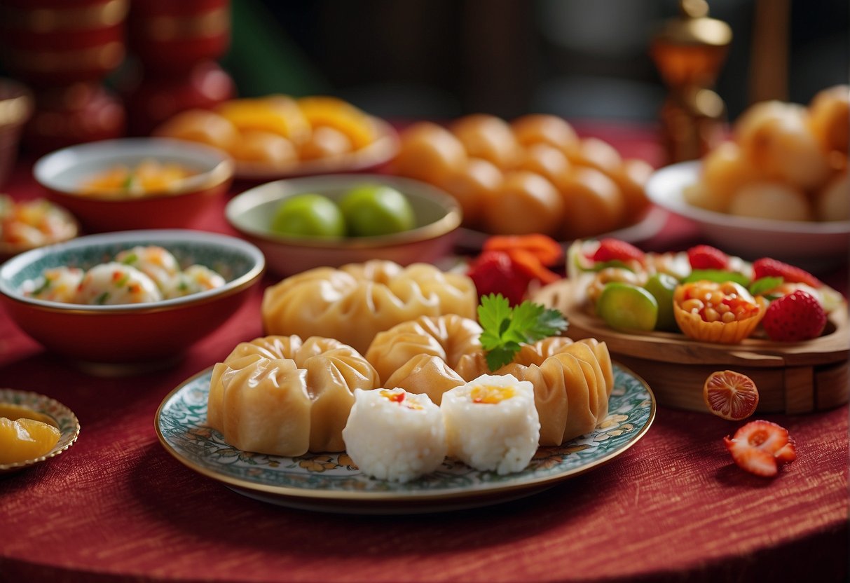A table adorned with a variety of colorful Chinese New Year finger foods and desserts, including dumplings, spring rolls, sweet rice cakes, and fruit tarts