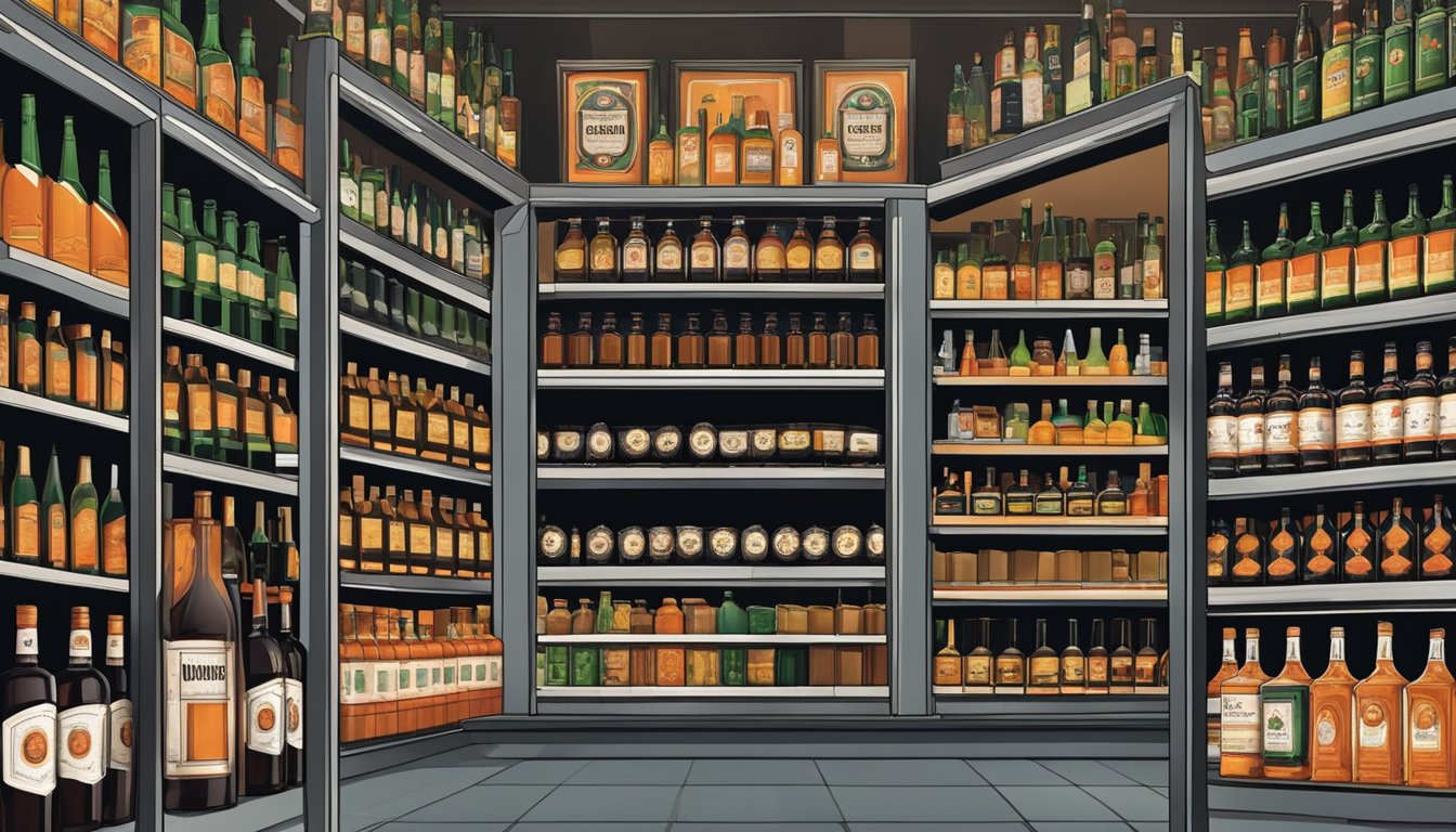 A bustling liquor store in Singapore, shelves lined with bottles of Jagermeister. Customers inquire about the popular drink, while staff point to the display