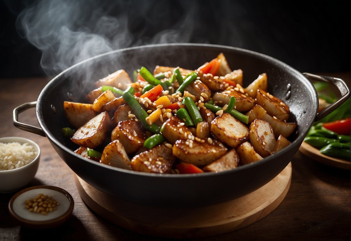 A wok sizzles with stir-fried sawi, garlic, and soy sauce