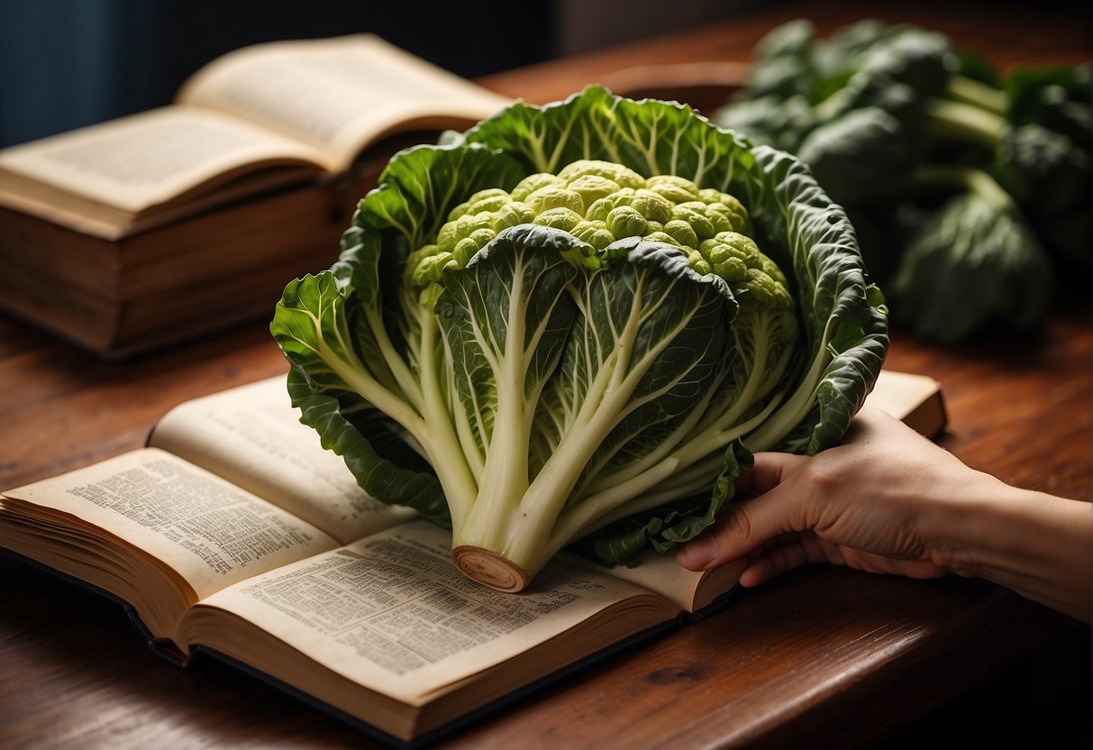 A hand reaching for a fresh savoy cabbage, ginger, and garlic, with a traditional Chinese recipe book open on the counter