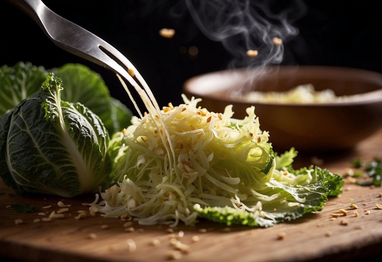 Savoy cabbage being shredded and marinated in Chinese seasonings, with garlic, ginger, and soy sauce on a wooden cutting board