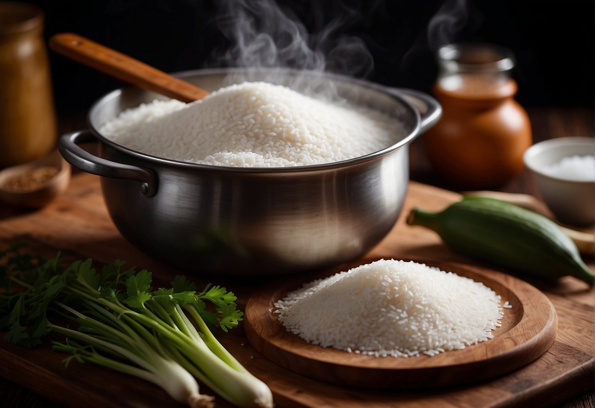 A table filled with ingredients like glutinous rice flour, sugar, and water. A steaming pot on the stove. A wooden spoon mixing the ingredients