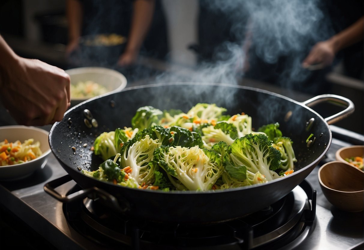 Savoy cabbage being stir-fried with Chinese seasonings in a sizzling wok