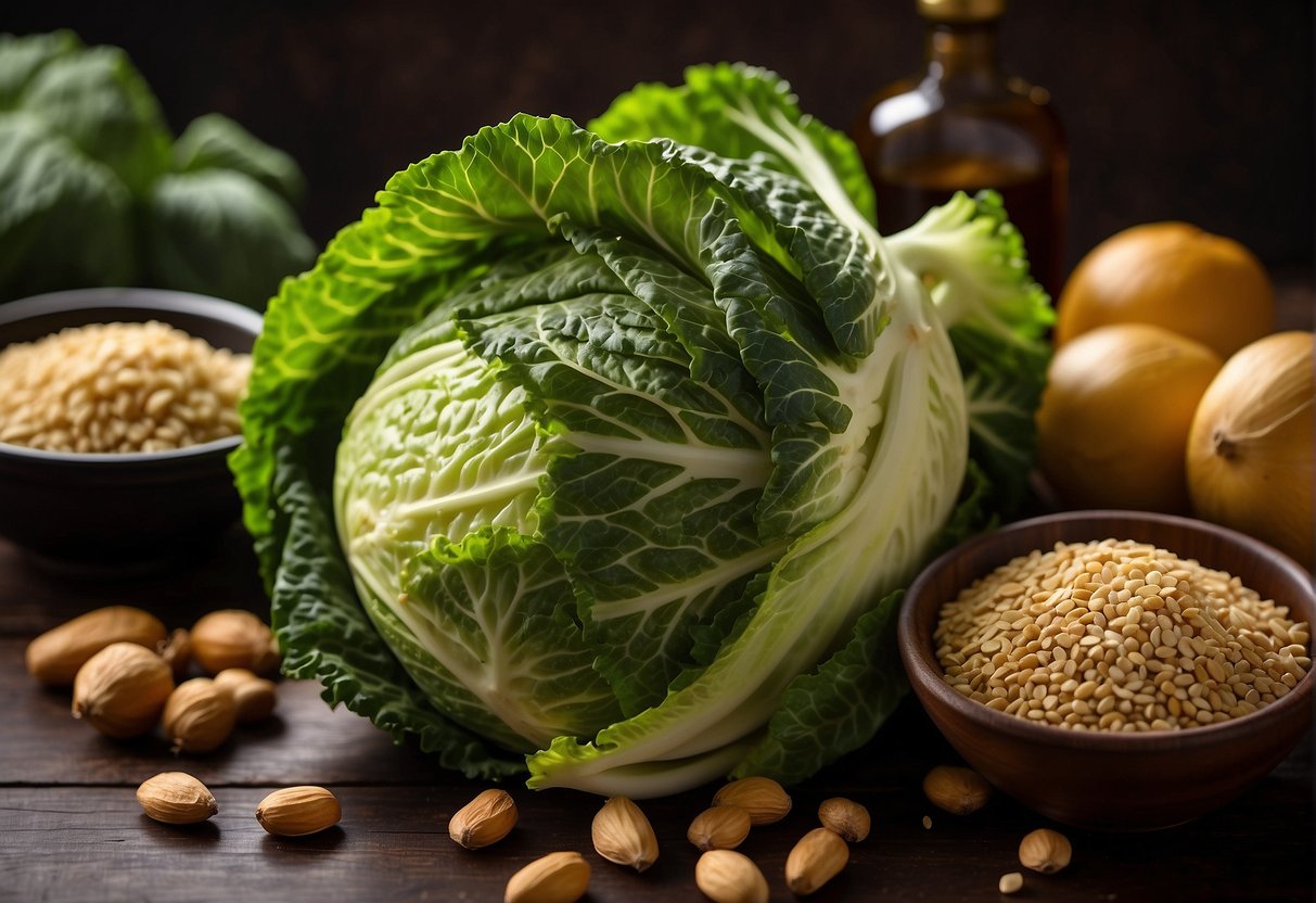 A head of savoy cabbage surrounded by traditional Chinese ingredients such as soy sauce, ginger, garlic, and sesame oil, with a nutritional information label in the background