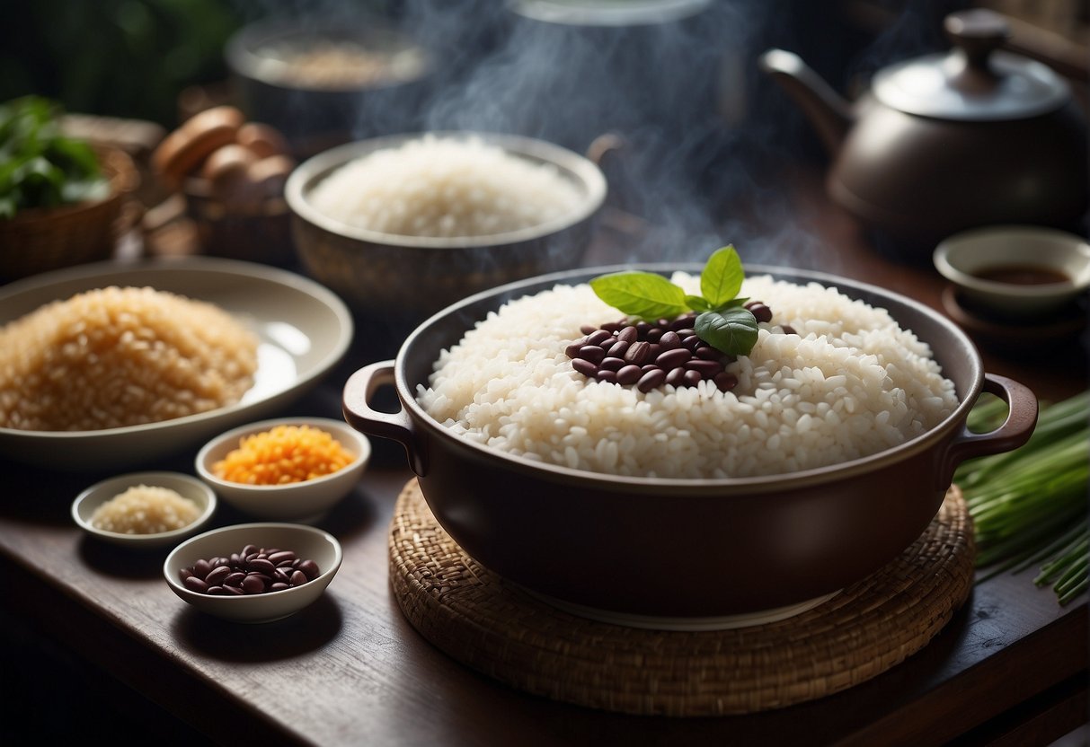 A table covered in ingredients: glutinous rice, sugar, water, and red bean paste. A steaming pot on the stove. A family recipe passed down through generations