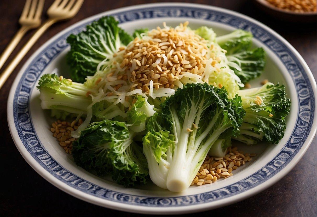 A platter of stir-fried savoy cabbage with Chinese seasoning, garnished with sesame seeds and sliced green onions, arranged on a patterned ceramic plate