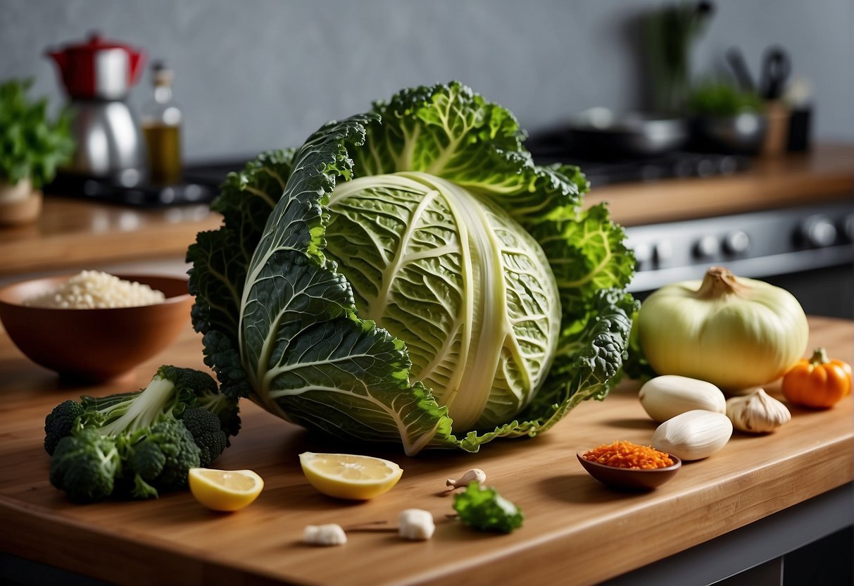 A head of savoy cabbage surrounded by Chinese cooking ingredients and utensils on a kitchen counter