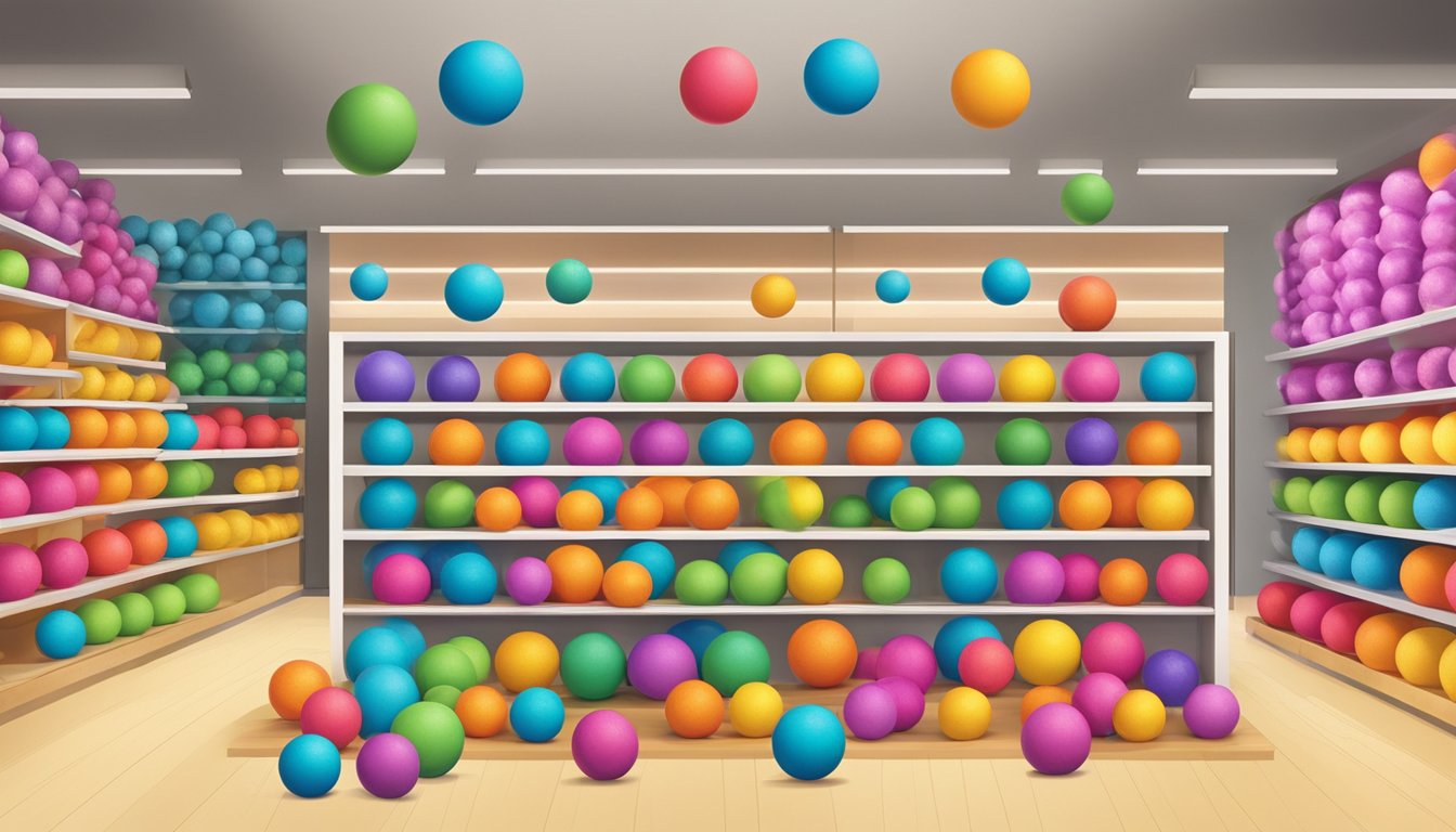 A colorful display of juggling balls on shelves in a Singaporean store. Bright packaging and various sizes are visible
