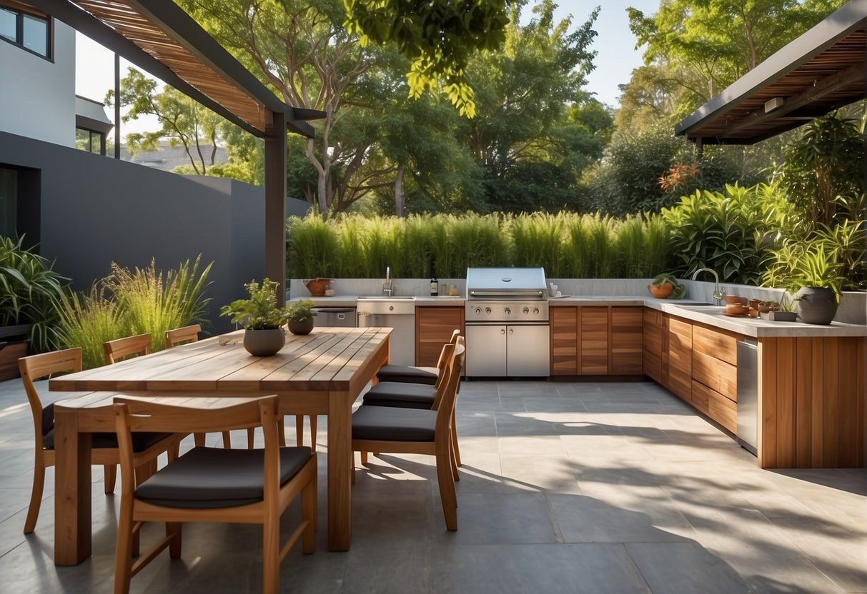 A spacious outdoor area with a clear view of the kitchen layout, including countertops, appliances, and a dining area, surrounded by lush greenery and natural lighting