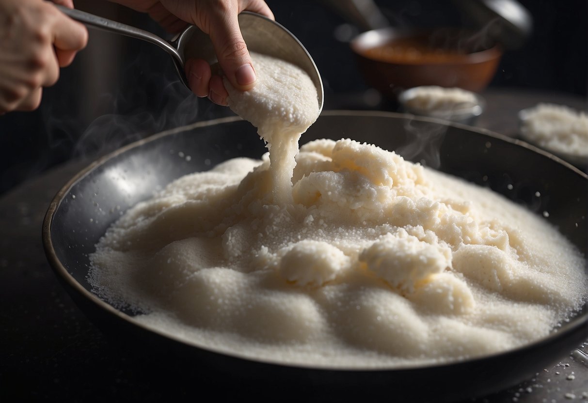 A hand mixes glutinous rice flour, sugar, and water in a bowl. The batter is poured into a greased pan and steamed. Slices are served on a plate