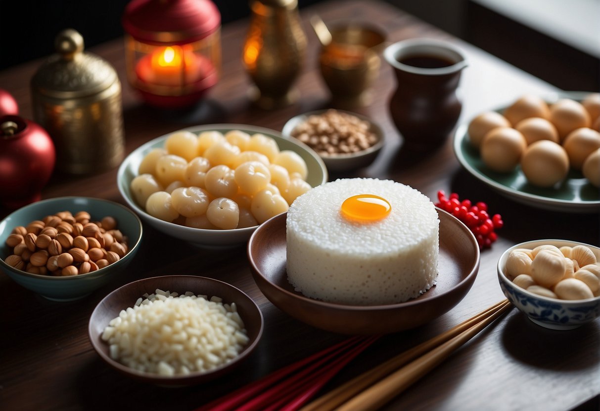 A table with ingredients and utensils for making Chinese New Year glutinous rice cake, with a recipe book open to the frequently asked questions section