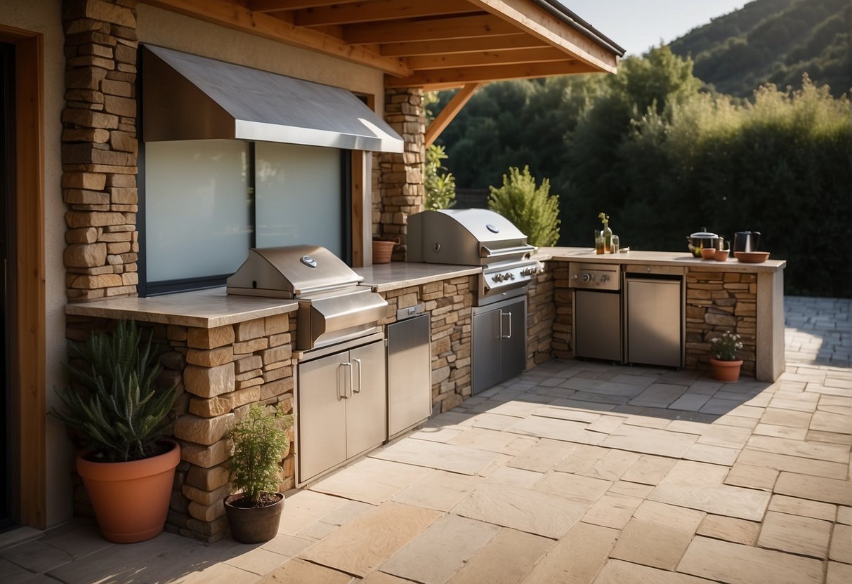 An outdoor kitchen with customizable features and decorative elements is being framed by a skilled worker