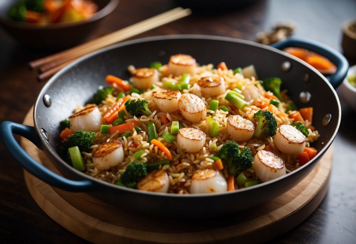 A wok sizzles as scallops, rice, and vegetables are stir-fried in fragrant Chinese spices, creating a mouthwatering scallop fried rice dish