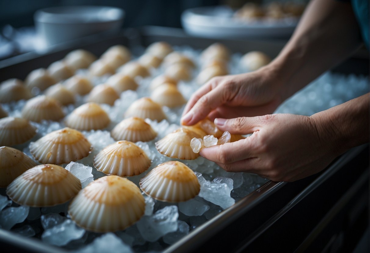 A hand reaches for fresh scallops on a bed of ice, ready for a Chinese recipe