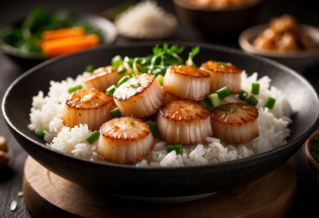 Scallops sizzle in a hot wok with fragrant garlic and ginger, mixed with fluffy white rice and colorful vegetables. Soy sauce and sesame oil add a savory finish