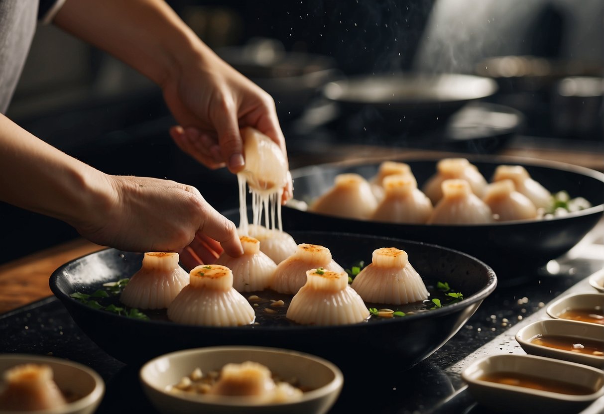 Scallops being washed, shelled and sliced, with ginger, garlic, and soy sauce ready for cooking in a Chinese kitchen