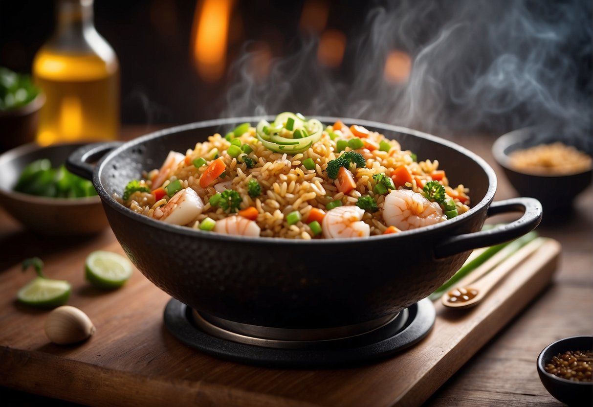 A sizzling wok with fragrant scallop fried rice, surrounded by essential Chinese ingredients like soy sauce, ginger, and garlic