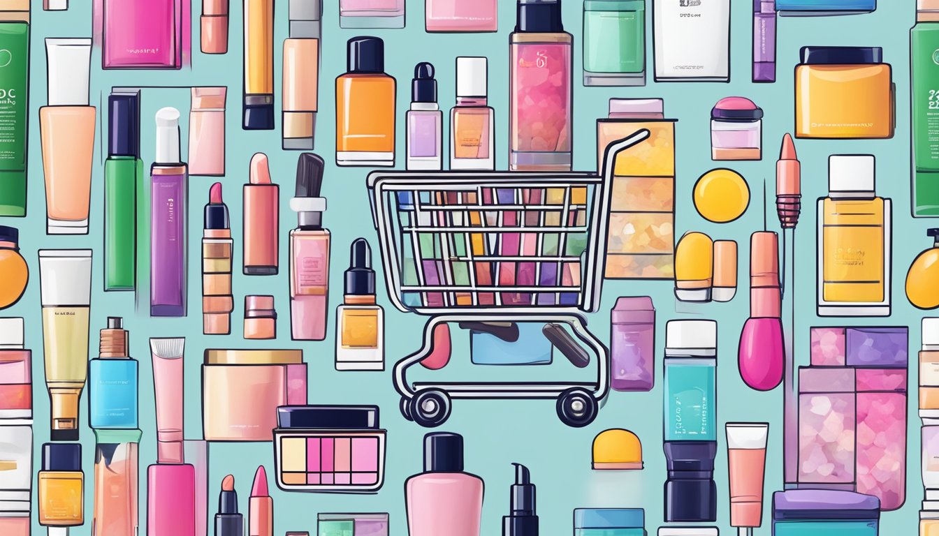 A colorful array of top Korean beauty products displayed on a virtual shopping cart, with various skincare and makeup items available for purchase online
