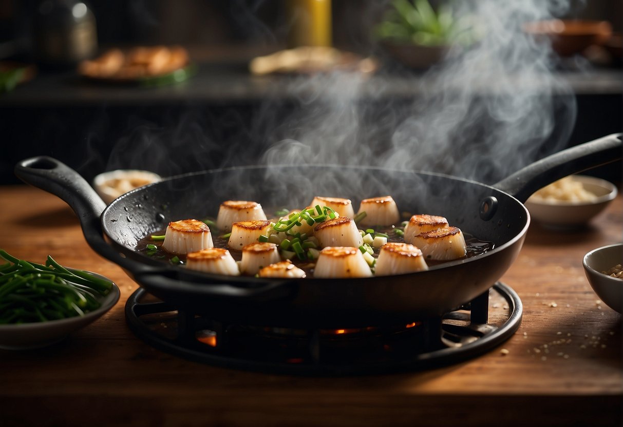 Scallops sizzling in a hot wok, surrounded by ginger, garlic, and green onions. Steam rises as the chef tosses them with a splash of soy sauce