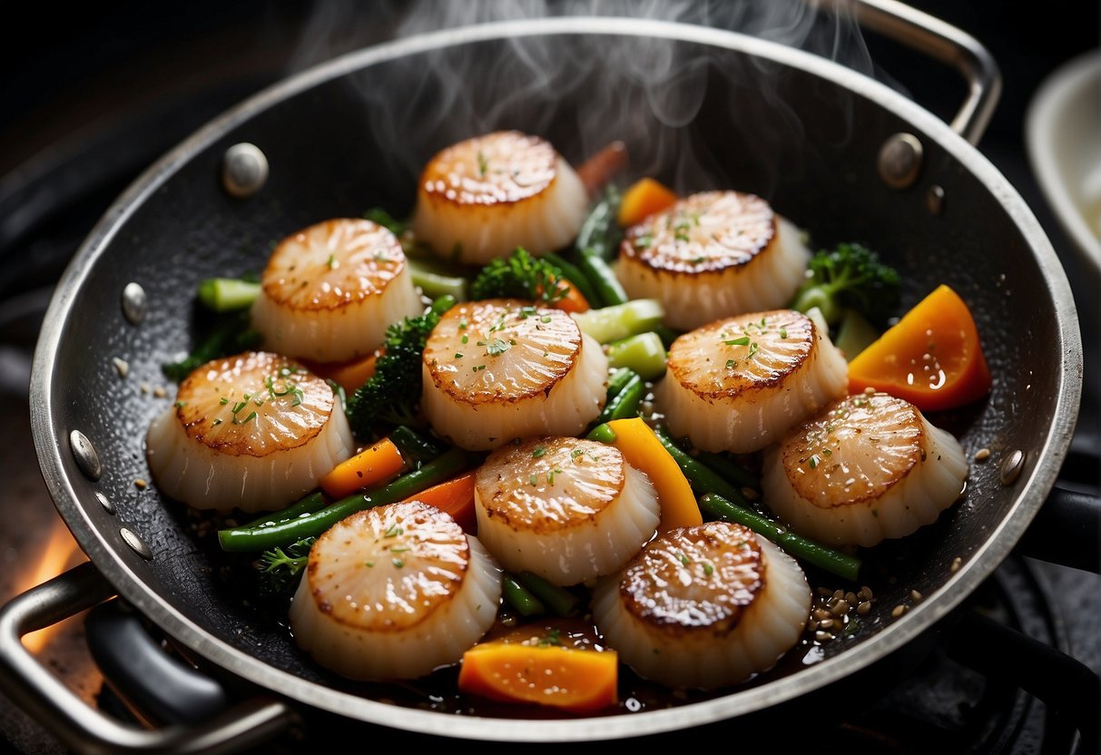 Scallops sizzling in a wok with rice, vegetables, and Chinese seasonings. Steam rising as the chef tosses the ingredients with precision
