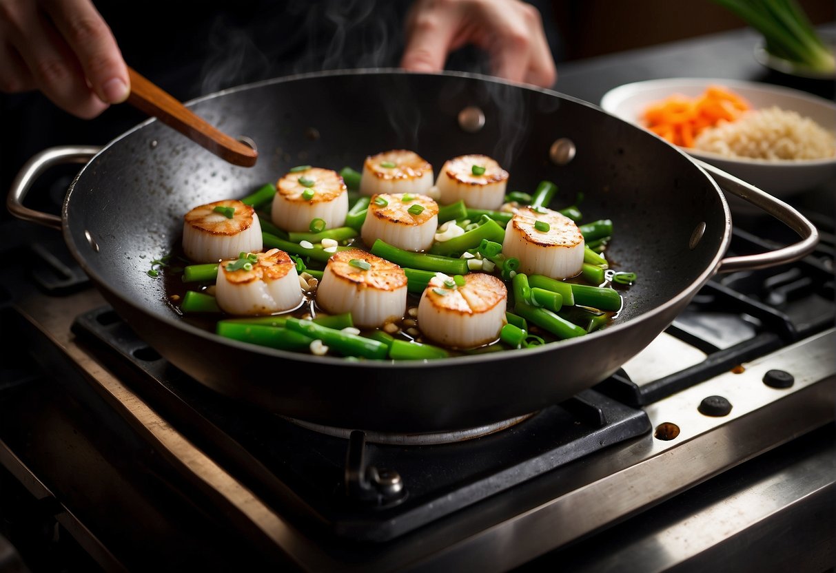 A wok sizzles with fresh scallops, ginger, and garlic, while a chef sprinkles soy sauce and green onions over the dish