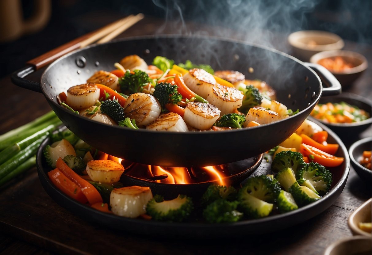 A wok sizzles as scallops, rice, and vegetables are tossed together, creating a colorful and aromatic dish