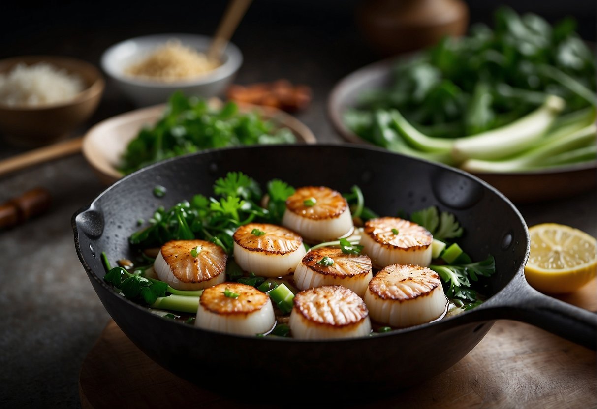 A scallop is being stir-fried with ginger, garlic, and green onions in a sizzling wok. The dish is garnished with cilantro and served on a bed of steamed bok choy