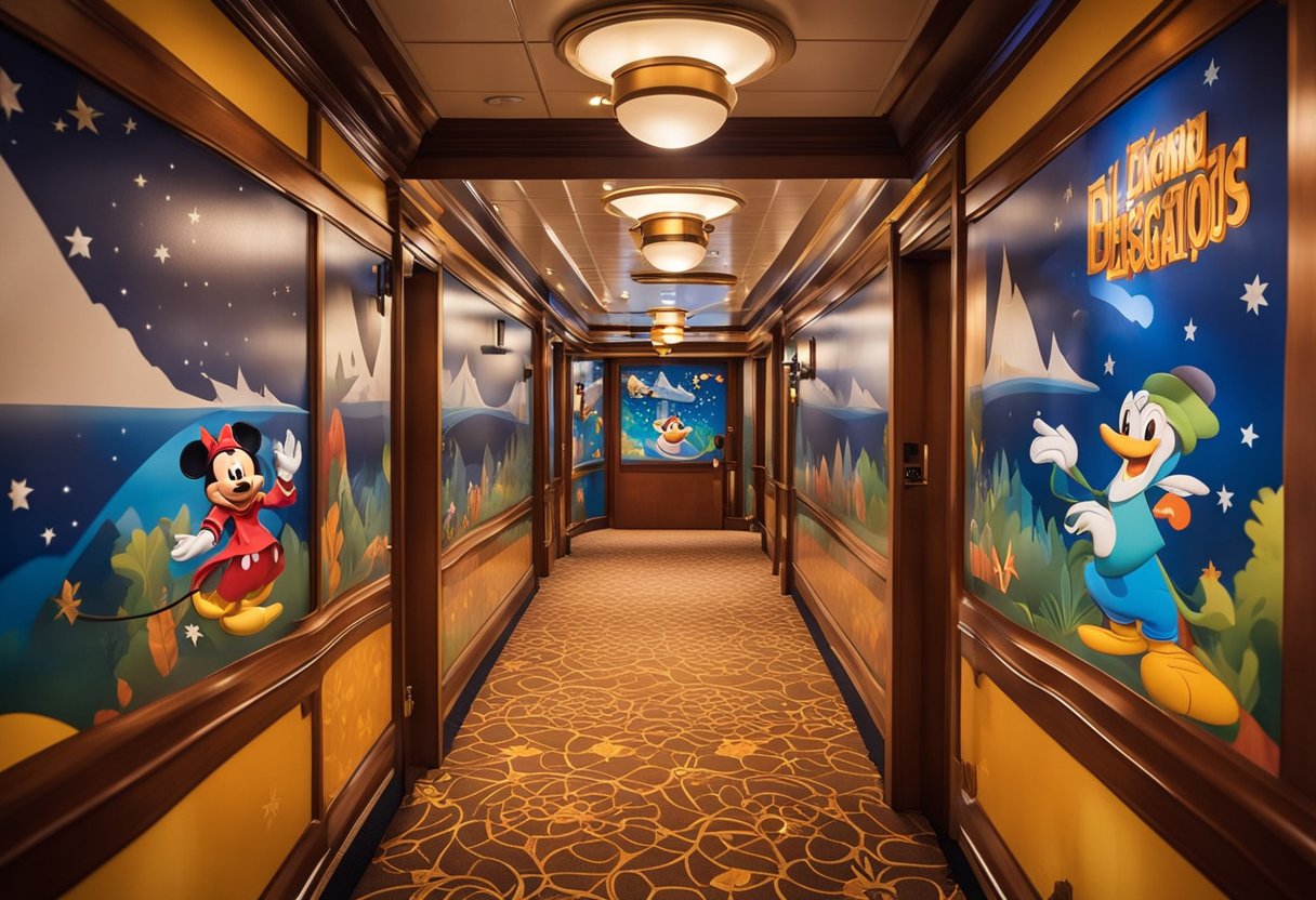 Colorful Disney-themed door decorations adorn a cruise ship hallway, featuring characters and designs from beloved movies and shows