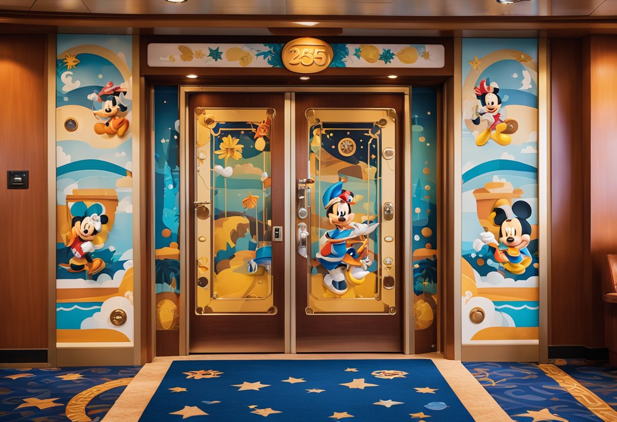 Colorful Disney-themed door decorations adorn the cabins on the cruise ship, featuring characters, symbols, and vibrant patterns