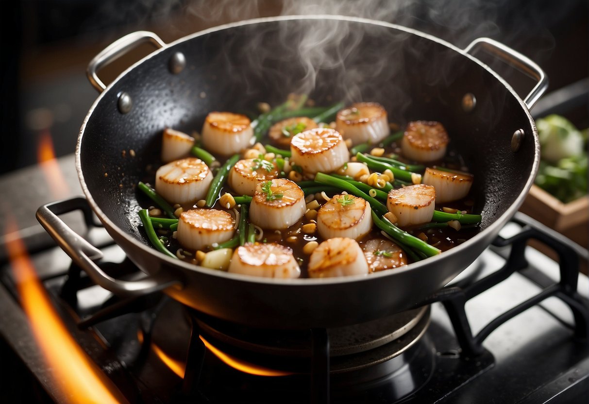 A wok sizzles with garlic and ginger as scallops are tossed in. Steam rises, filling the kitchen with the aroma of soy sauce and rice wine