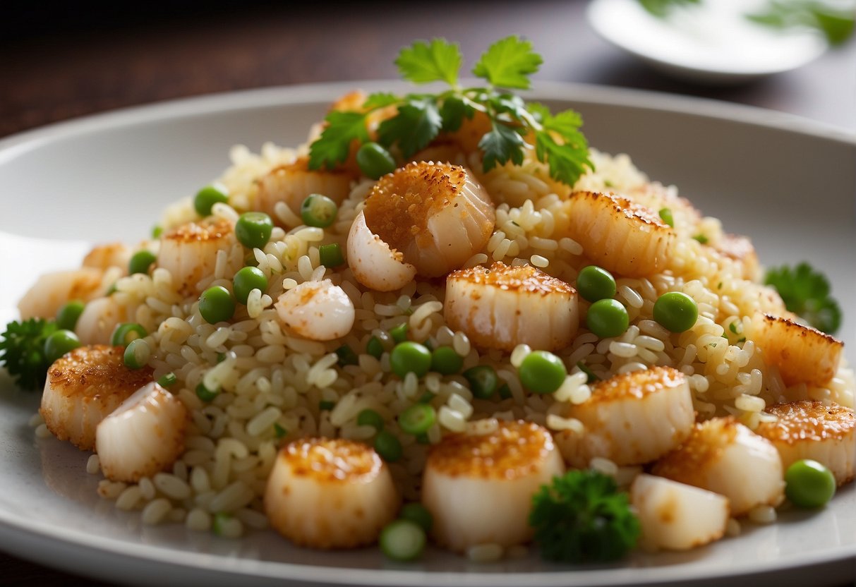 A steaming plate of Chinese scallop fried rice with visible nutritional information displayed on the side