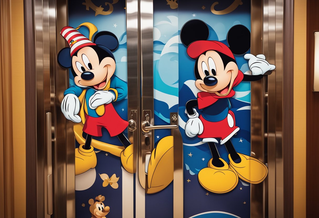 Colorful Disney characters adorn cruise cabin doors, including Mickey, Minnie, and Goofy. Nautical elements like anchors and waves add to the festive atmosphere