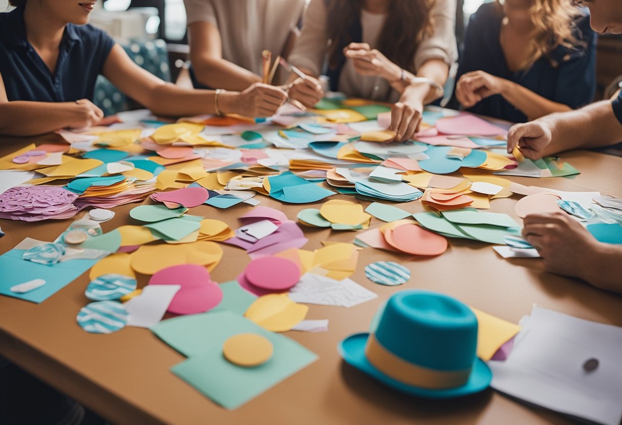 A table covered in colorful paper, glue, scissors, and stickers. A group of people discussing and sketching designs for Disney cruise door decorations