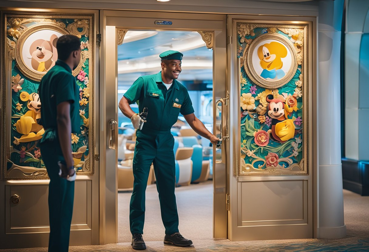 Colorful Disney cruise door decorations being installed and maintained by crew members