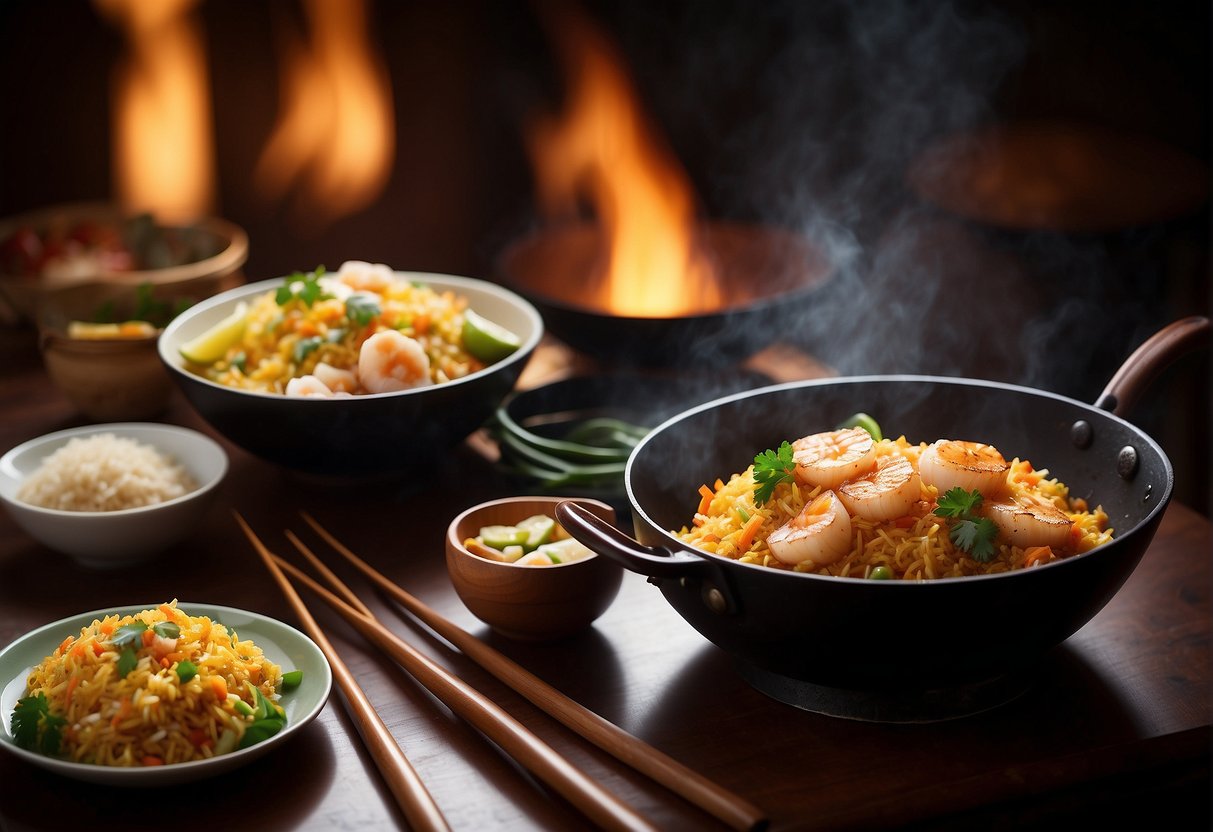 A sizzling wok with golden fried rice and plump, juicy scallops, surrounded by traditional Chinese cooking ingredients and utensils