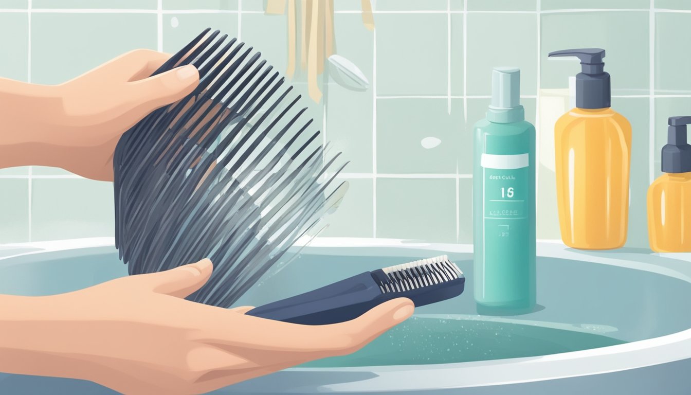 A hand holding a lice comb, carefully combing through hair. A bottle of lice treatment nearby. The scene is set in a well-lit bathroom
