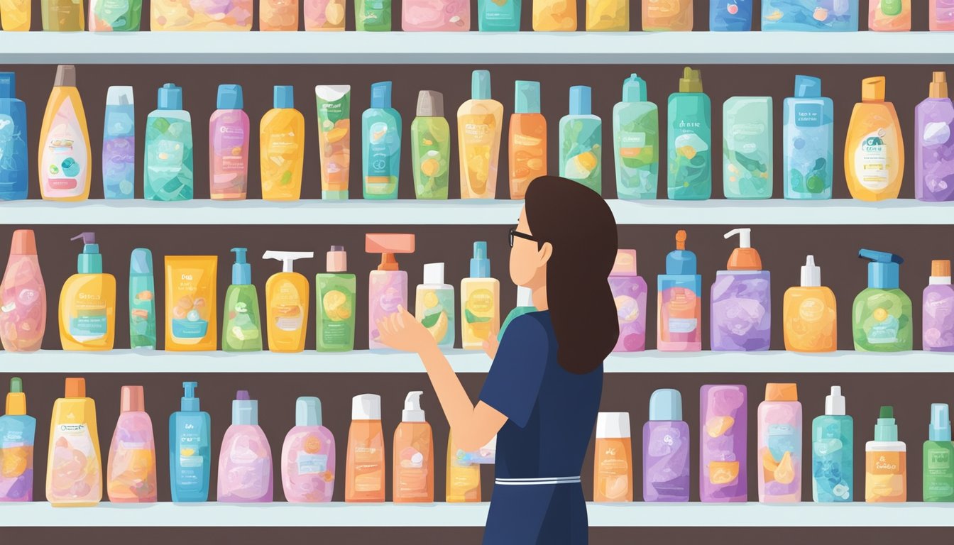 A hand reaches for a lice comb on a store shelf in Singapore. Shelves are stocked with various hair care products