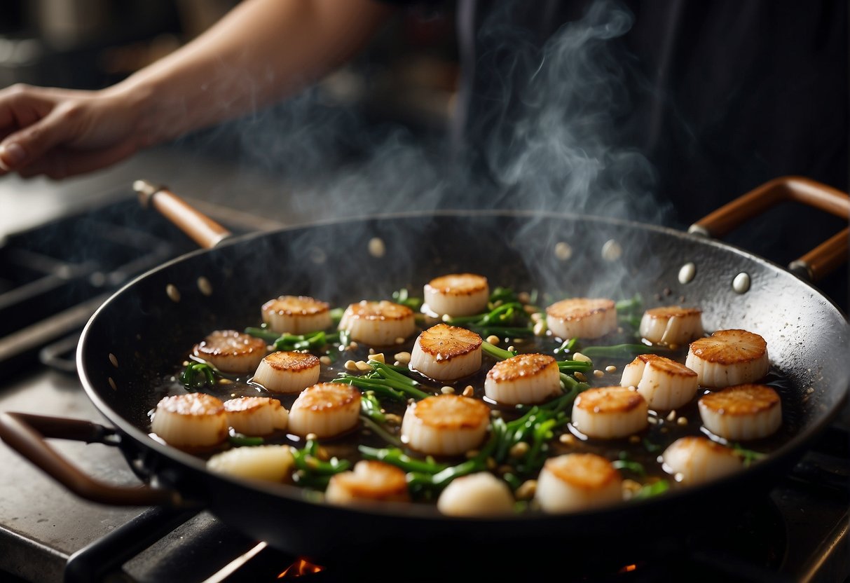 A wok sizzles with garlic, ginger, and soy sauce as scallops are tossed in. Steam rises as the seafood cooks, filling the kitchen with the aroma of Chinese spices