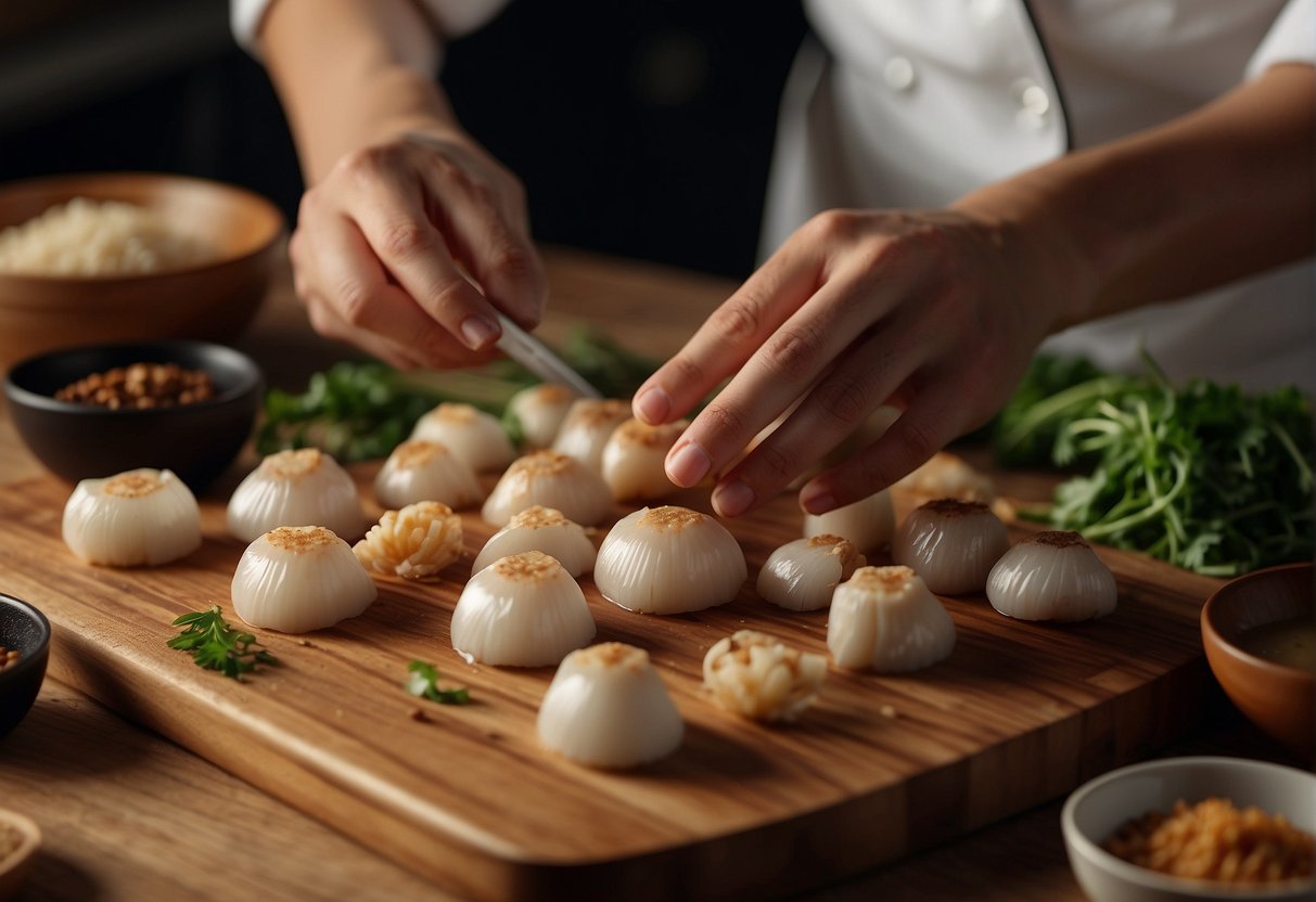 A chef carefully chooses fresh scallops, ginger, garlic, and soy sauce for a Chinese-style recipe. Ingredients are neatly arranged on a clean, wooden cutting board