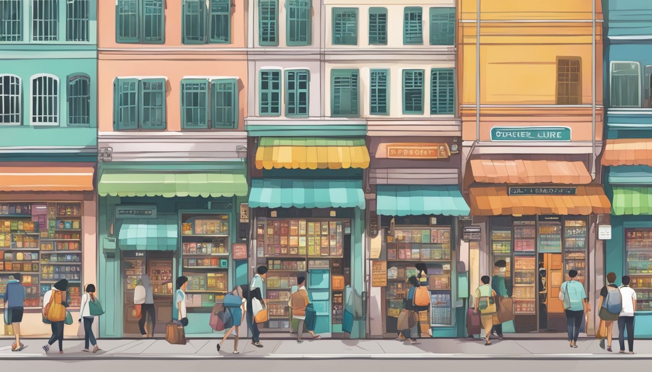 A busy street in Singapore, with colorful storefronts displaying various types of locks. People walking by, browsing the selection
