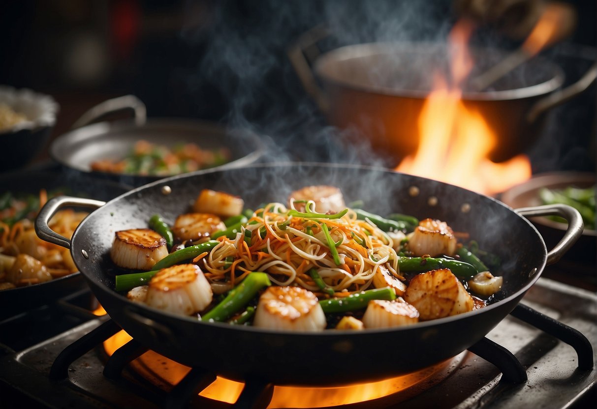 A wok sizzles as a chef stir-fries plump scallops with ginger, garlic, and soy sauce. The aroma of sizzling seafood fills the air