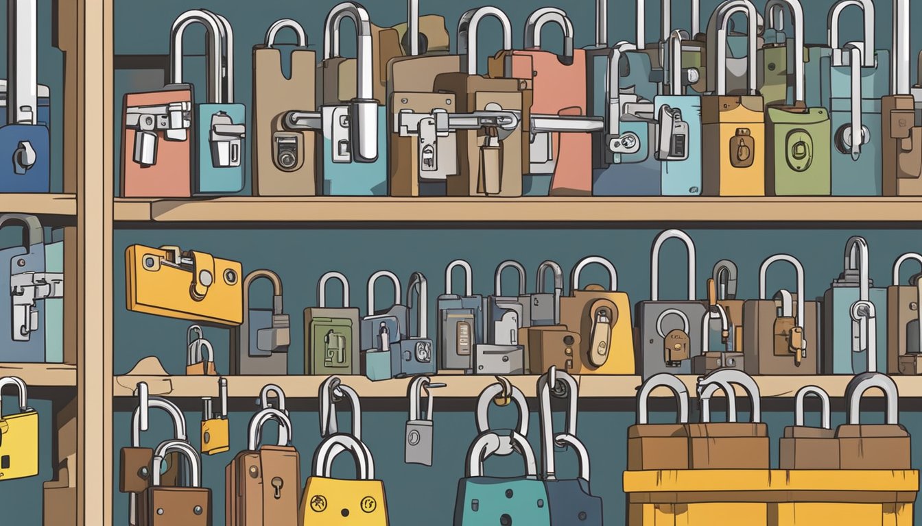 A variety of locks displayed in a hardware store, with signs advertising installation services. Text reads "Where to buy locks in Singapore."