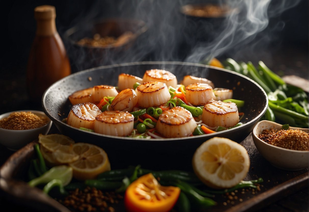 A sizzling wok tosses plump scallops with ginger, garlic, and soy sauce. A medley of vibrant vegetables and aromatic spices fills the air