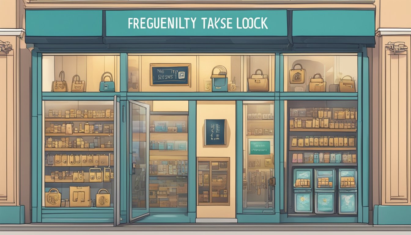 A store front with a variety of locks on display, with a sign reading "Frequently Asked Questions: Where to buy locks in Singapore"